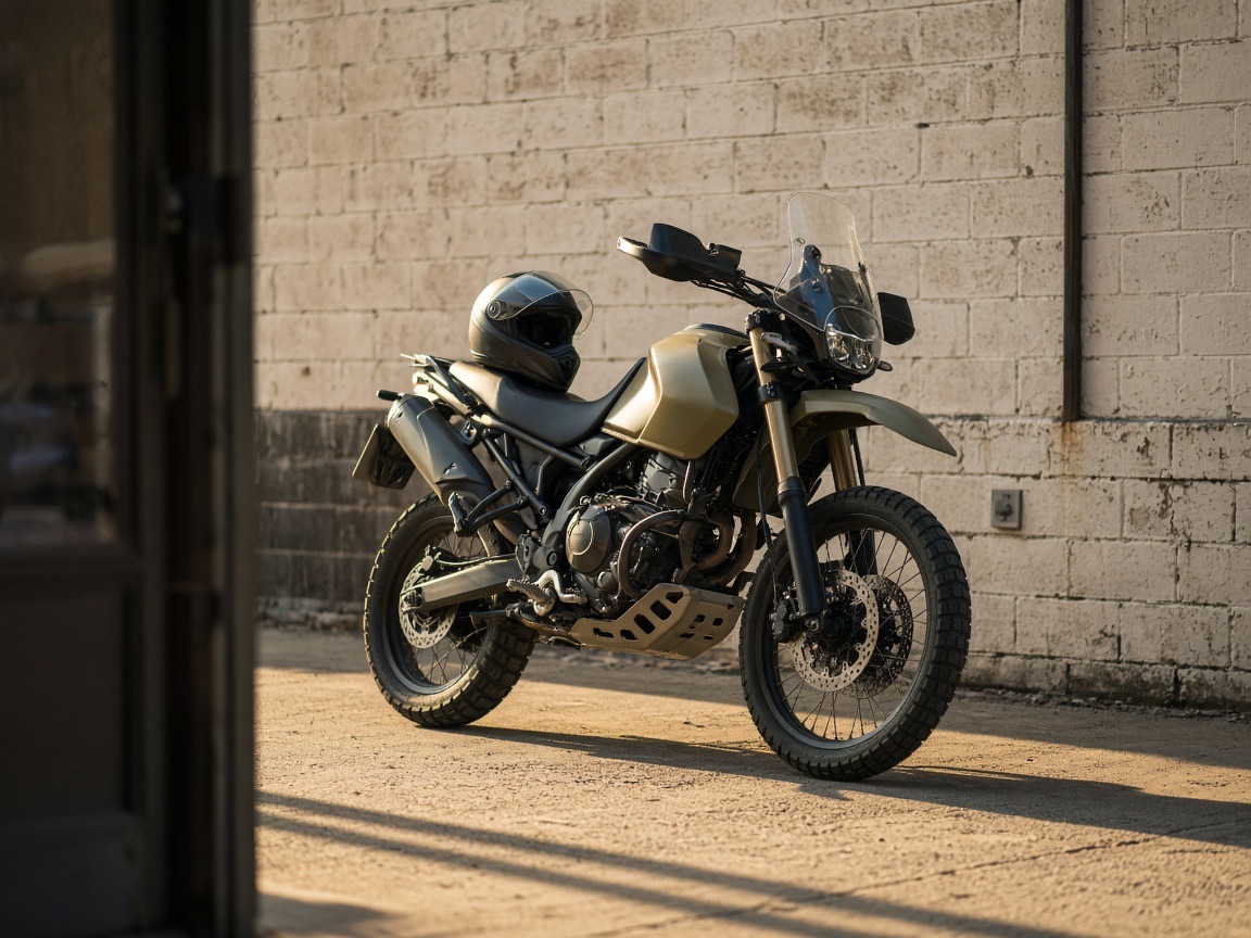 An unbranded adventure motorcycle parked outside a shop in late-summer light